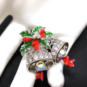 Christmas Bell Poinsettia Brooch, Red Green Enamel, 1960s Vintage Jewelry